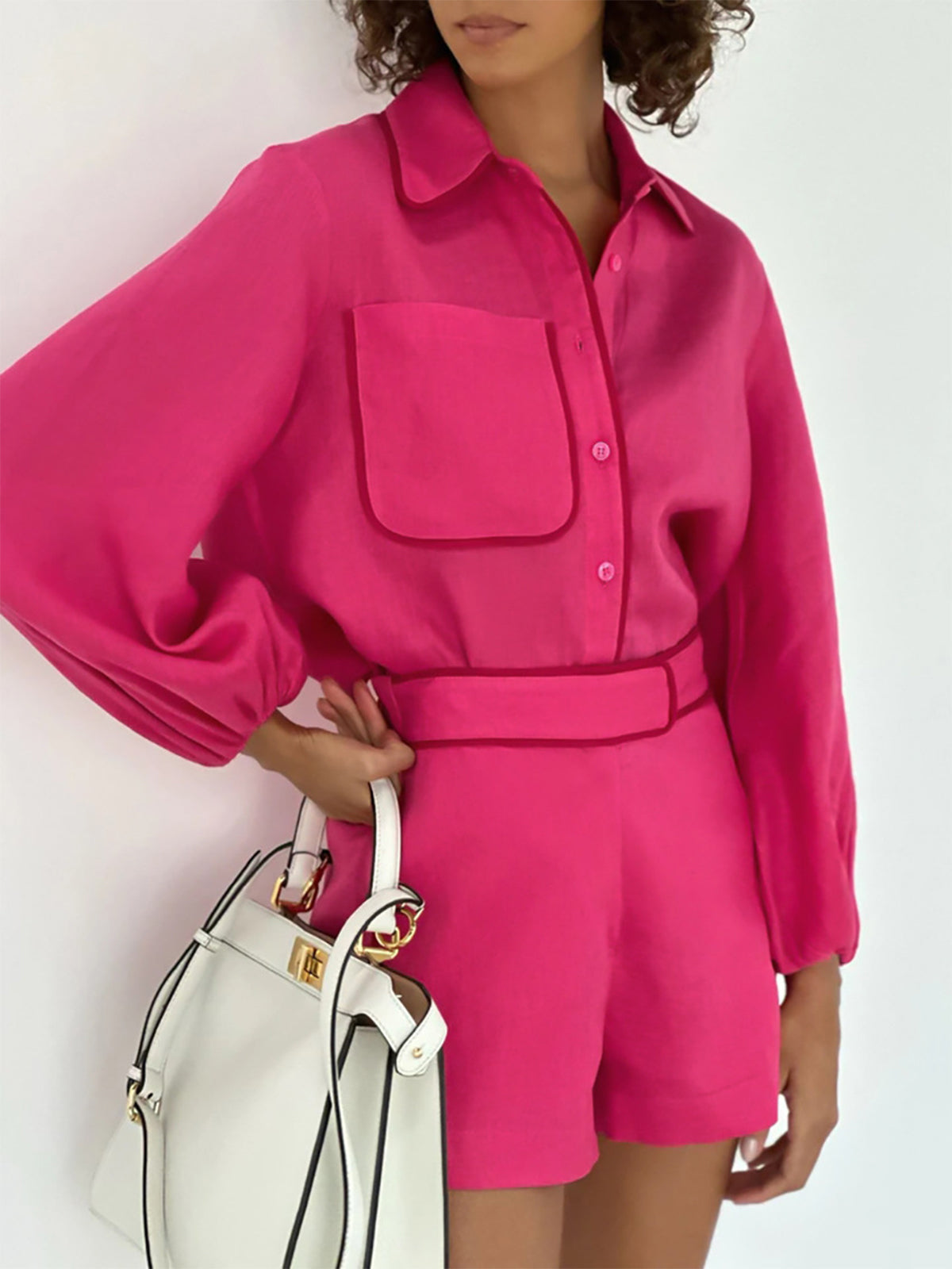 Pamuk ve Keten Kontrast Kesim İki Parça Şort Takımı