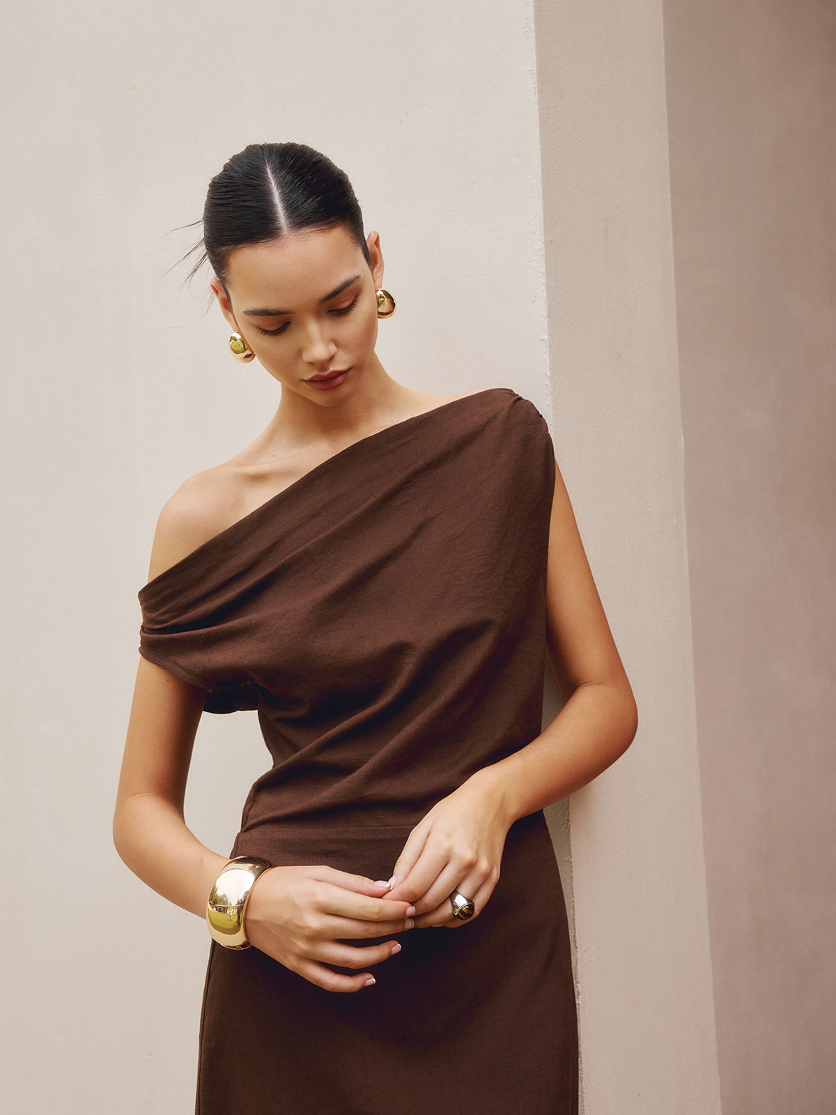 Pamuk ve Keten Asimetrik Yaka Elbise