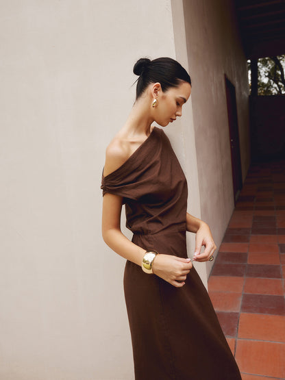 Pamuk ve Keten Asimetrik Yaka Elbise