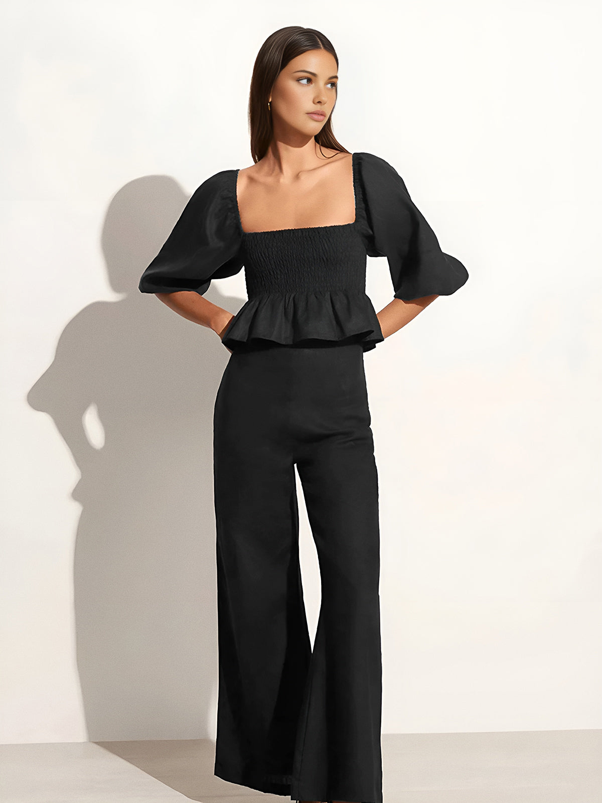 Pamuk ve Keten Kare Yaka Bishop Kollu Pantolon Takımı