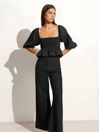 Pamuk ve Keten Kare Yaka Bishop Kollu Pantolon Takımı