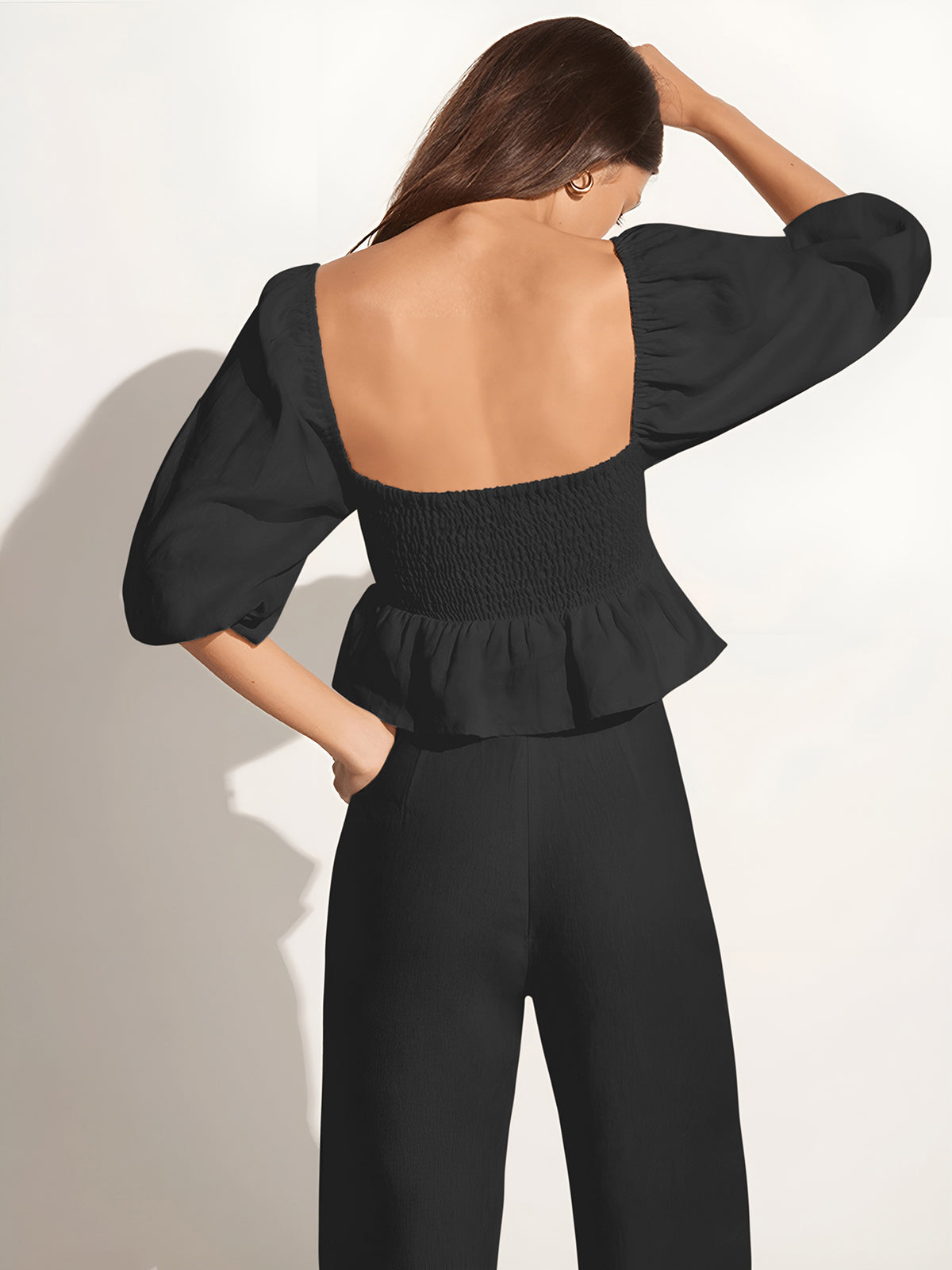 Pamuk ve Keten Kare Yaka Bishop Kollu Pantolon Takımı