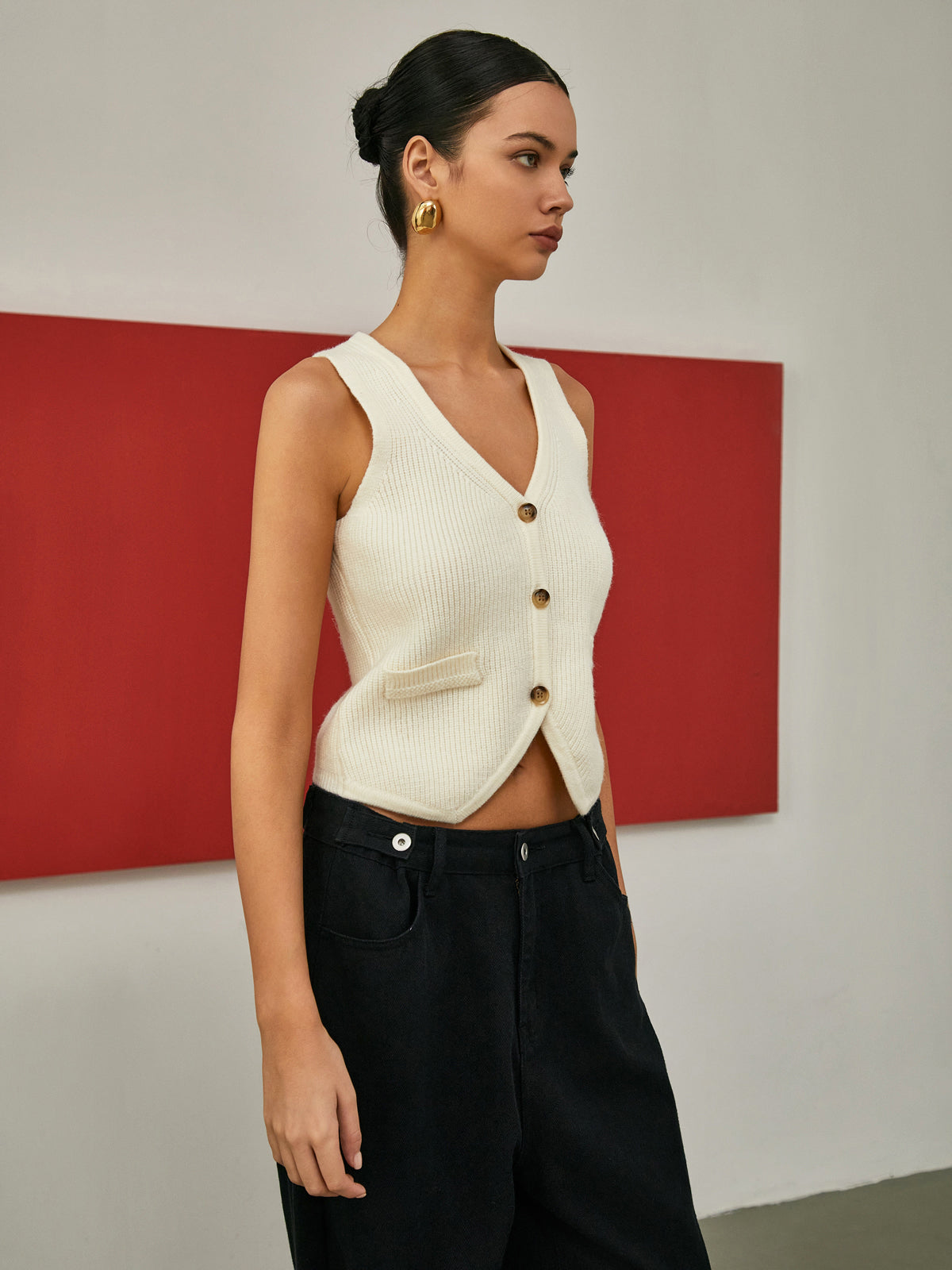 Krem Rengi Düğmeli Ön Hırka