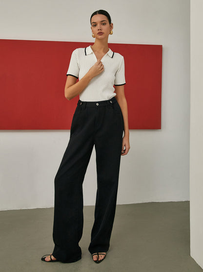 Kontrast Kesim Kısa Kollu Örgü Üst