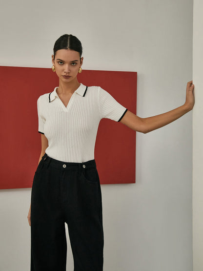 Kontrast Kesim Kısa Kollu Örgü Üst