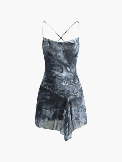 Çapraz Baskılı Asimetrik Etek Ucu Kısa Elbise