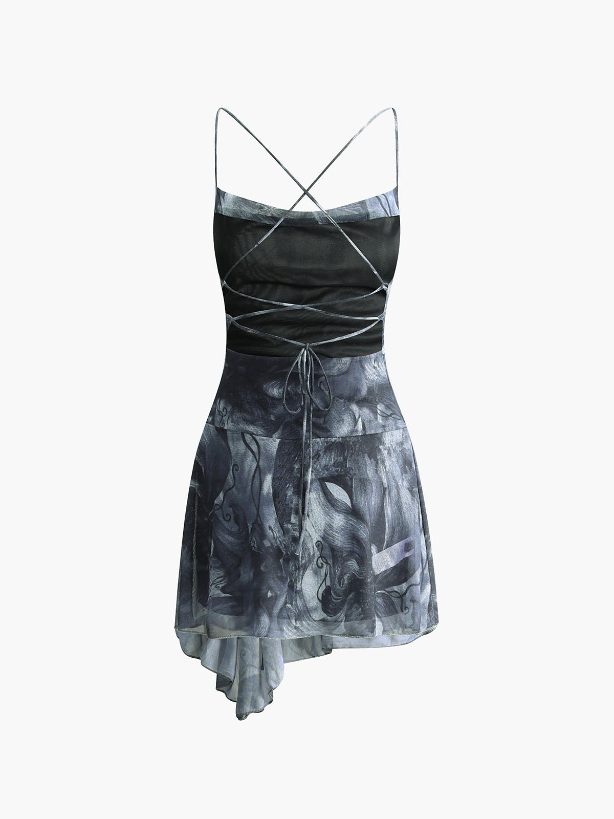 Çapraz Baskılı Asimetrik Etek Ucu Kısa Elbise