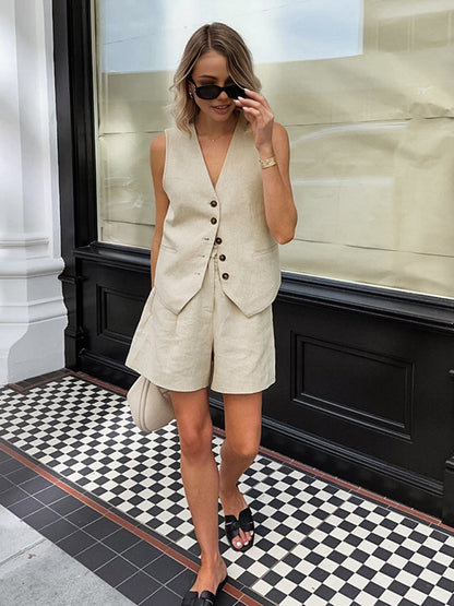 Pamuk ve Keten Cepli Şort Takımı