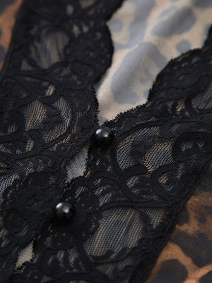 Şeffaf Leopar Desenli Uzun Kollu Dantel Kenarlı Bluz