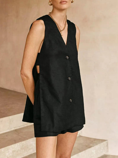 V Yaka Kolsuz Yelek ve Yüksek Bel Şort Takımı