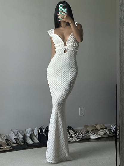 Yarı Şeffaf İnci Anahtar Deliği Yaka Askılı Uzun Elbise