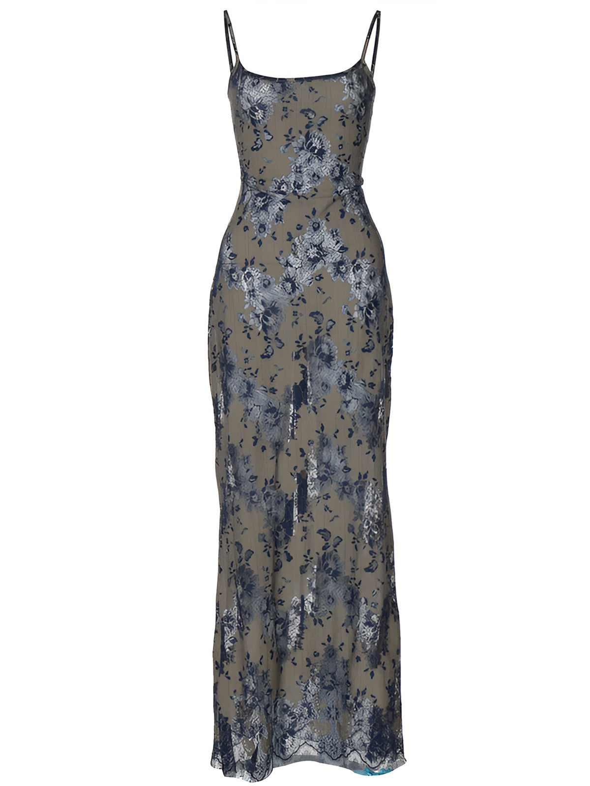 Yarı Şeffaf Gece Bahçesi Bağcıklı Uzun Elbise