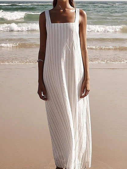Çizgili Askılı Uzun Elbise