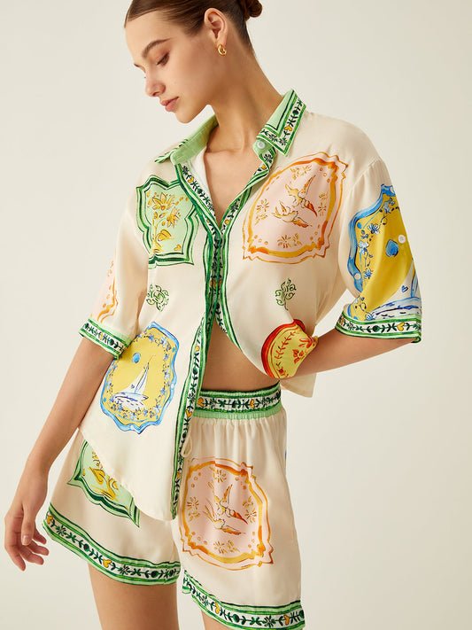 Loosen Baskılı Saten Şort Takımı