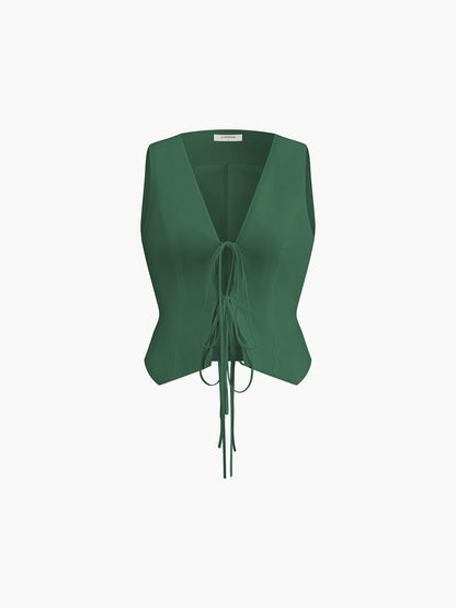 Pamuk ve Keten Bağcık Detaylı Yelek