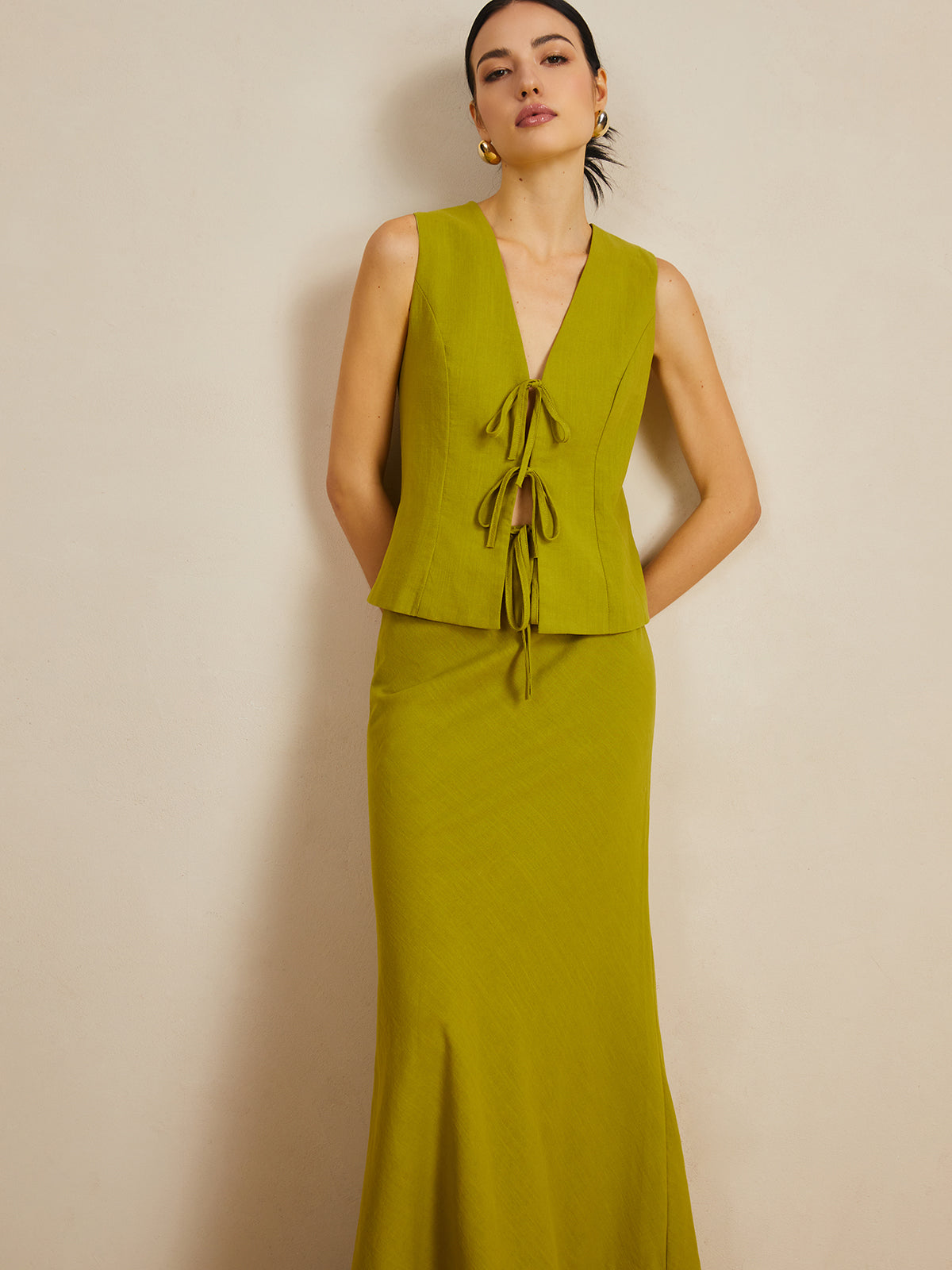 Pamuklu V Yaka Önden Bağlamalı Etek Takımı