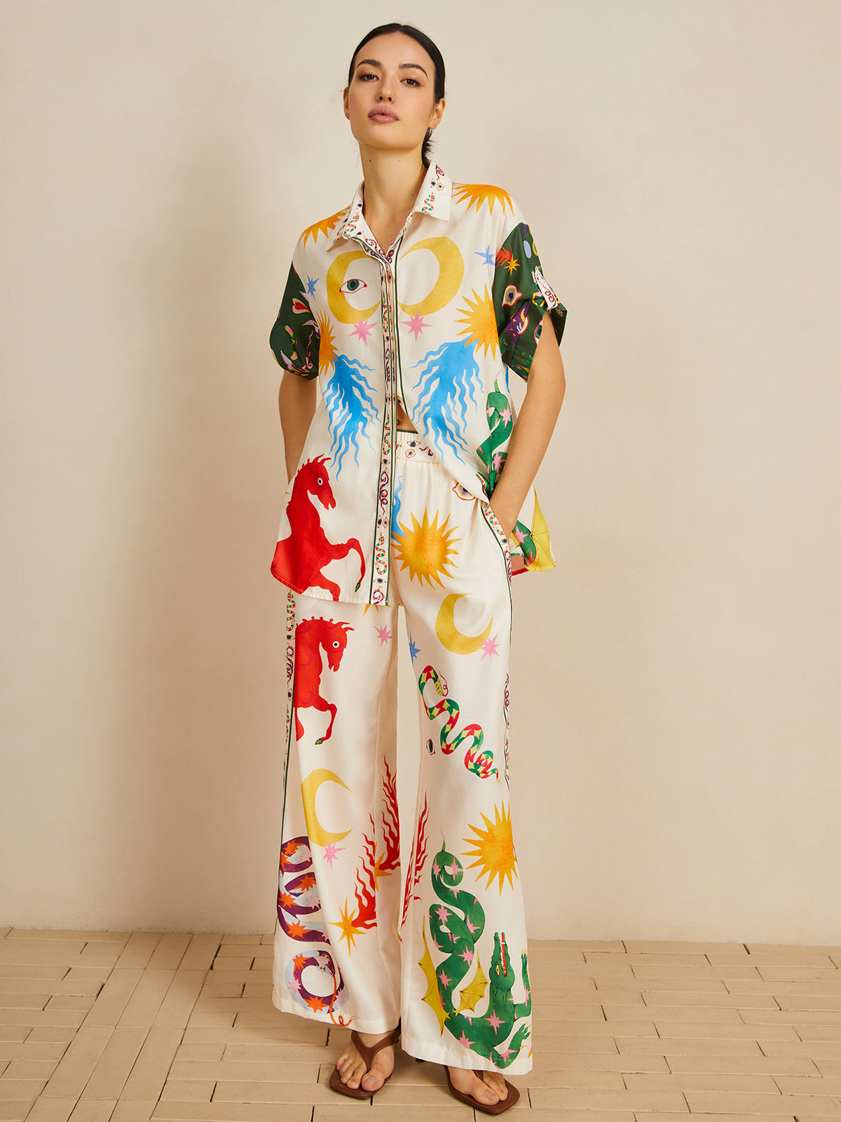 Günlük Shift Keten Karışımı Desenli Pantolon Takımı