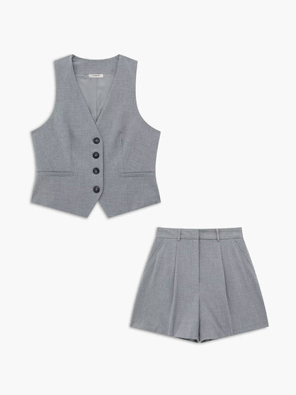 V Yakalı Dokuma Kumaş Günlük Şort Takımı