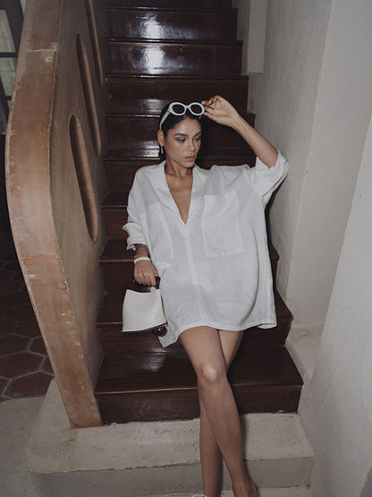 Keten Cepli Yarı Şeffaf Uzun Kollu Elbise