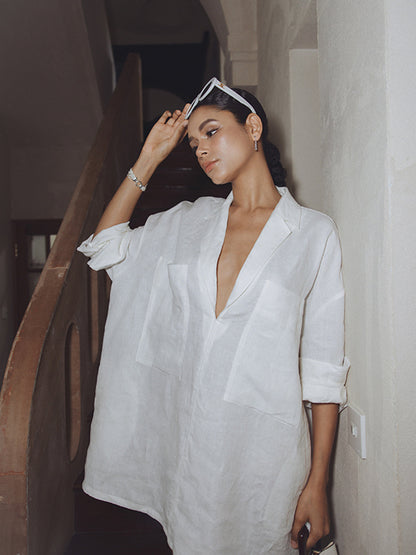 Keten Cepli Yarı Şeffaf Uzun Kollu Elbise