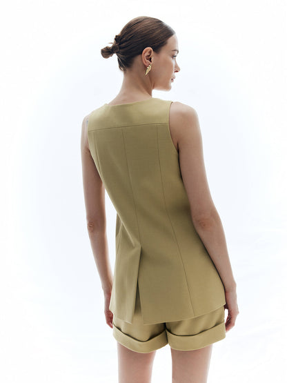 Yün Düğmeli Yırtık Pileli Yelek