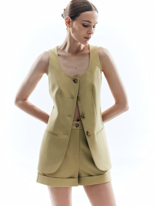 Yün Düğmeli Yırtık Pileli Yelek