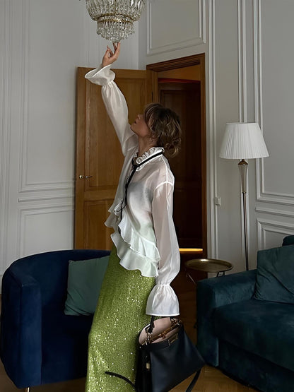 Yarı Şeffaf Kravat Yakalı Volanlı Gömlek