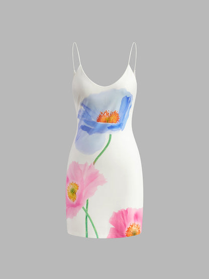 Sırtı Açık Çiçekli Kısa Elbise