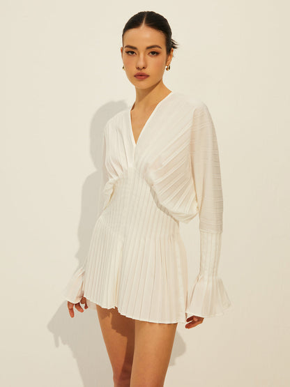 Pileli V Yaka Uzun Kollu Elbise