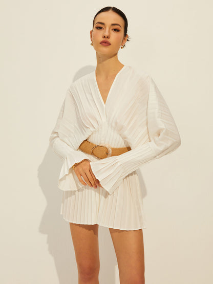 Pileli V Yaka Uzun Kollu Elbise