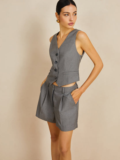 V Yakalı Dokuma Kumaş Günlük Şort Takımı