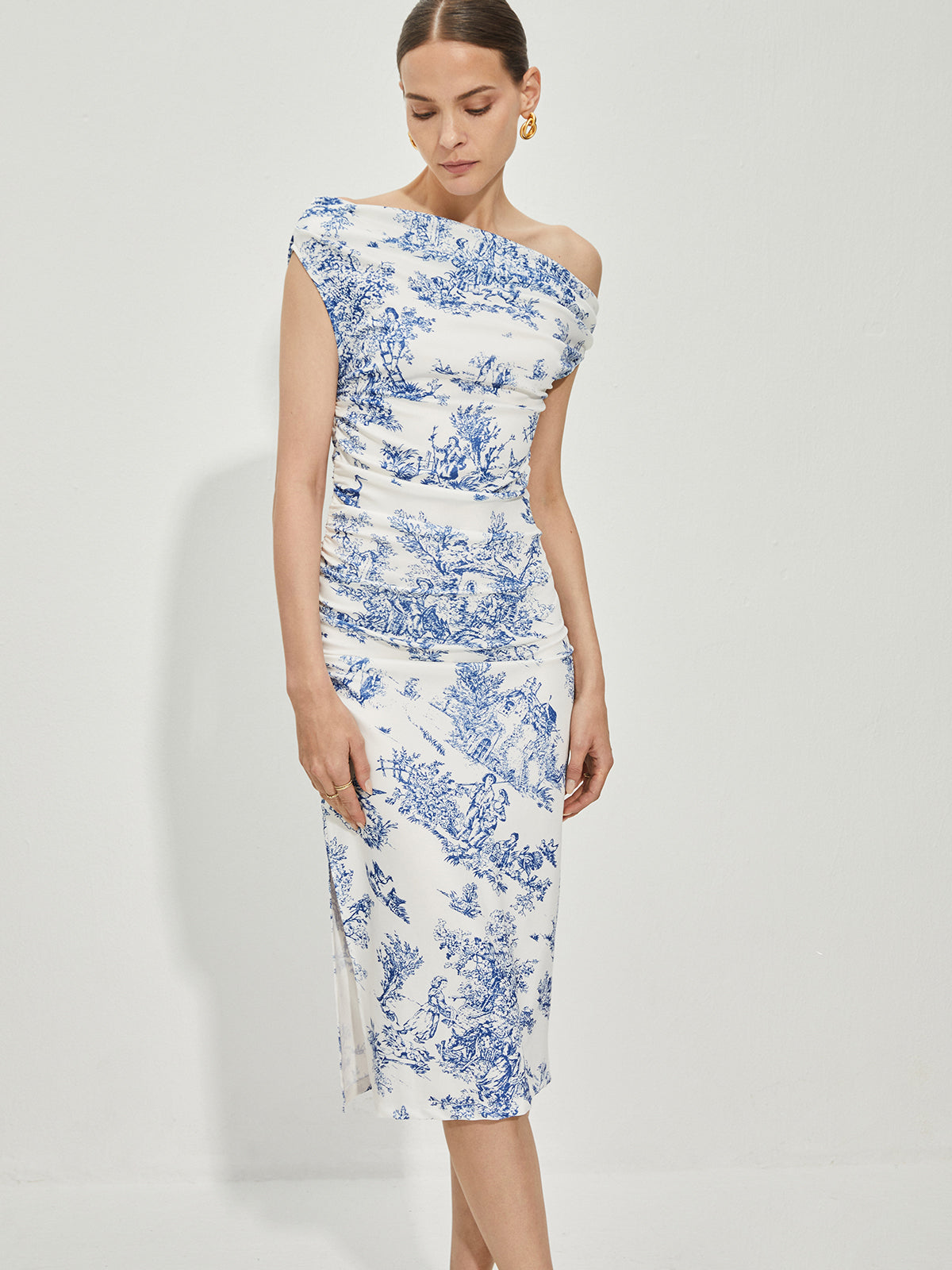 Düz Yakalı Baskılı Elbise