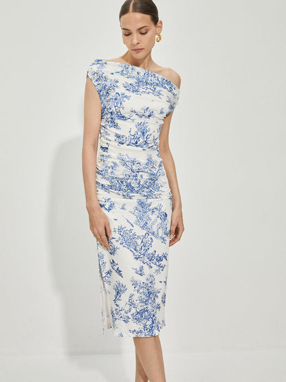 Düz Yakalı Baskılı Elbise