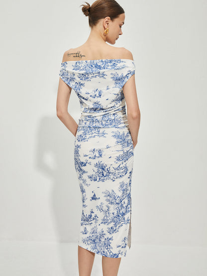 Düz Yakalı Baskılı Elbise