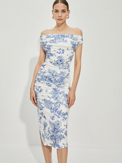 Düz Yakalı Baskılı Elbise