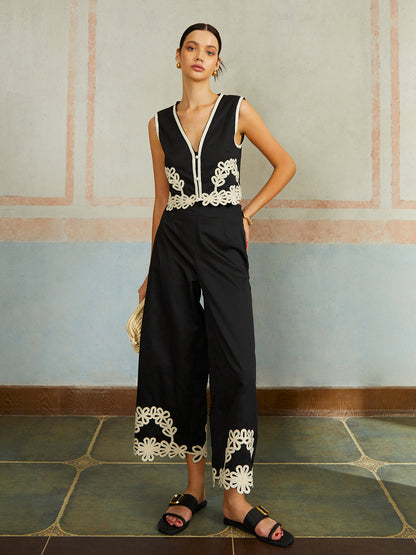 Rahat Nakışlı Kolsuz Fermuarlı Pantolon Takımı