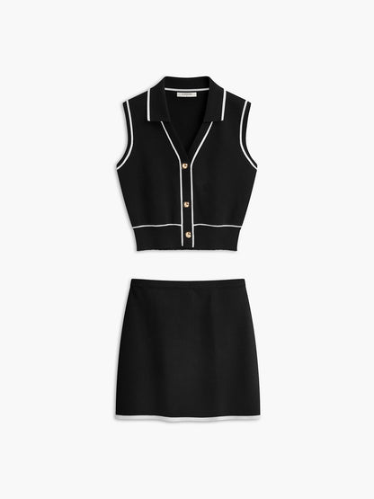 Önü Düğmeli Kontrast Bağlamalı Kolsuz Etek Takımı