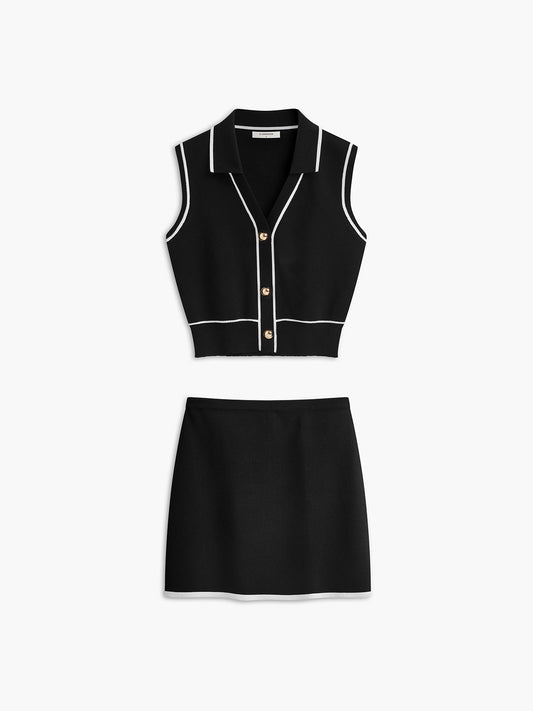 Önü Düğmeli Kontrast Bağlamalı Kolsuz Etek Takımı