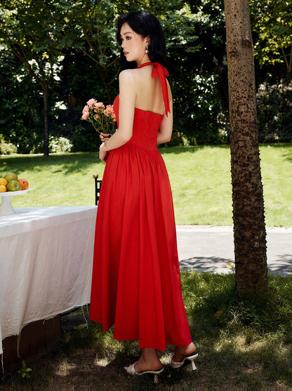 Halter Sevgiliye Pileli Midi Elbise