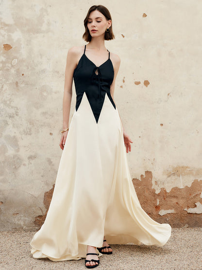 Renk Bloklu Pileli Kesimli Uzun Elbise