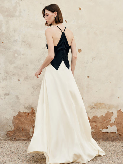 Renk Bloklu Pileli Kesimli Uzun Elbise