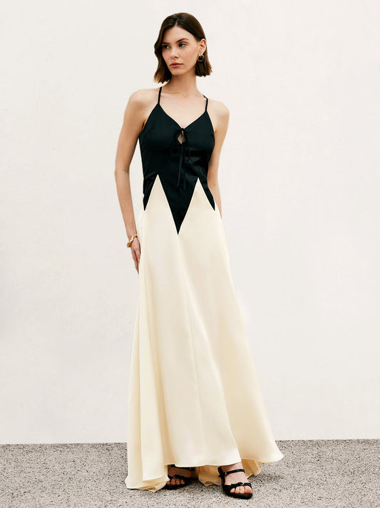 Renk Bloklu Pileli Kesimli Uzun Elbise