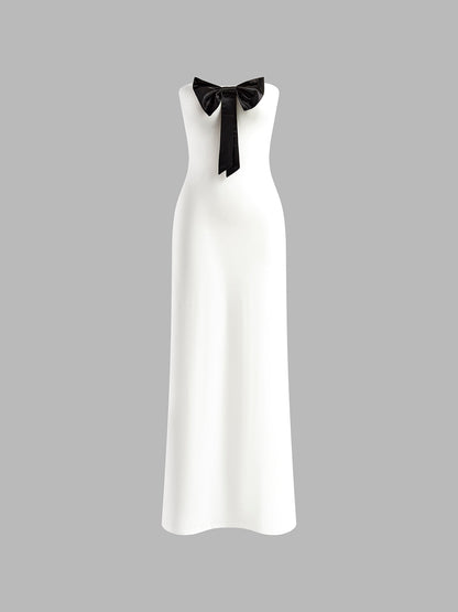 Önü Fiyonklu Straplez Uzun Elbise