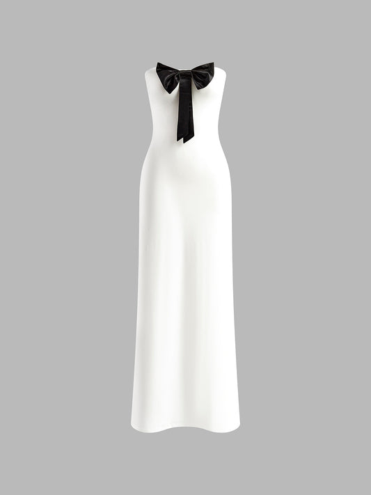 Önü Fiyonklu Straplez Uzun Elbise