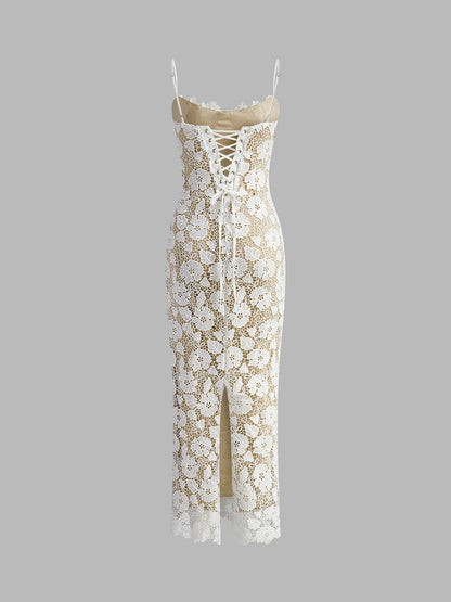 Yarı Şeffaf Çift Katmanlı Dantel Askılı Elbise