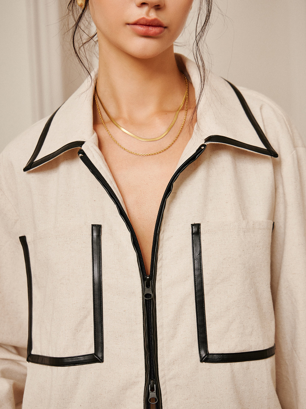 Pamuk ve Keten Çift Fermuarlı Ceket