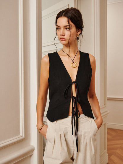 Pamuk ve Keten Bağcık Detaylı Yelek