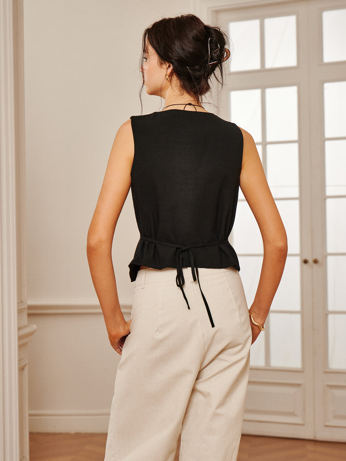 Pamuk ve Keten Bağcık Detaylı Yelek