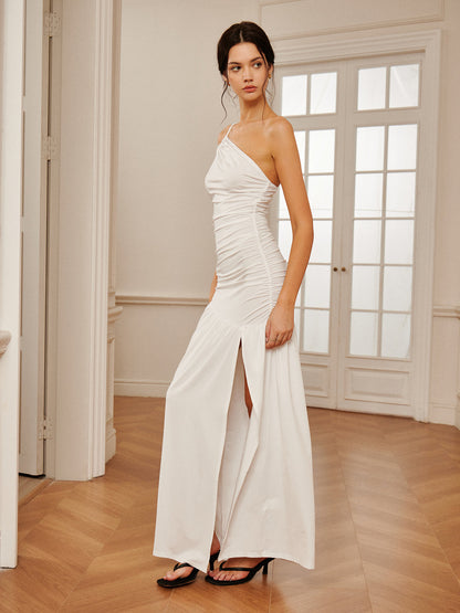 Tek Omuzlu Pileli Yırtmaçlı Uzun Elbise