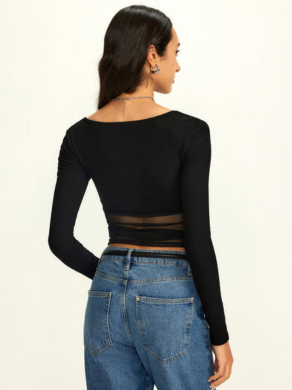 File Kare Yaka Yarı Şeffaf Tişört